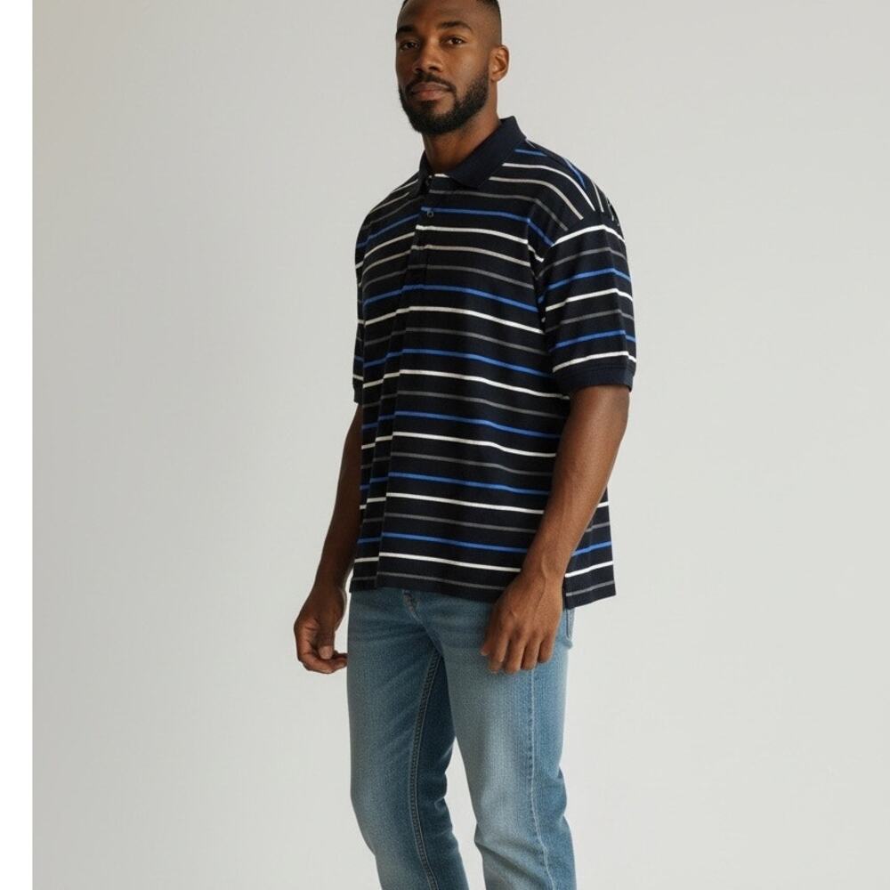 Vintage Y2k Striped Polo Golf Shirt Black Blue Dockers 90s Dad Style Oversized M